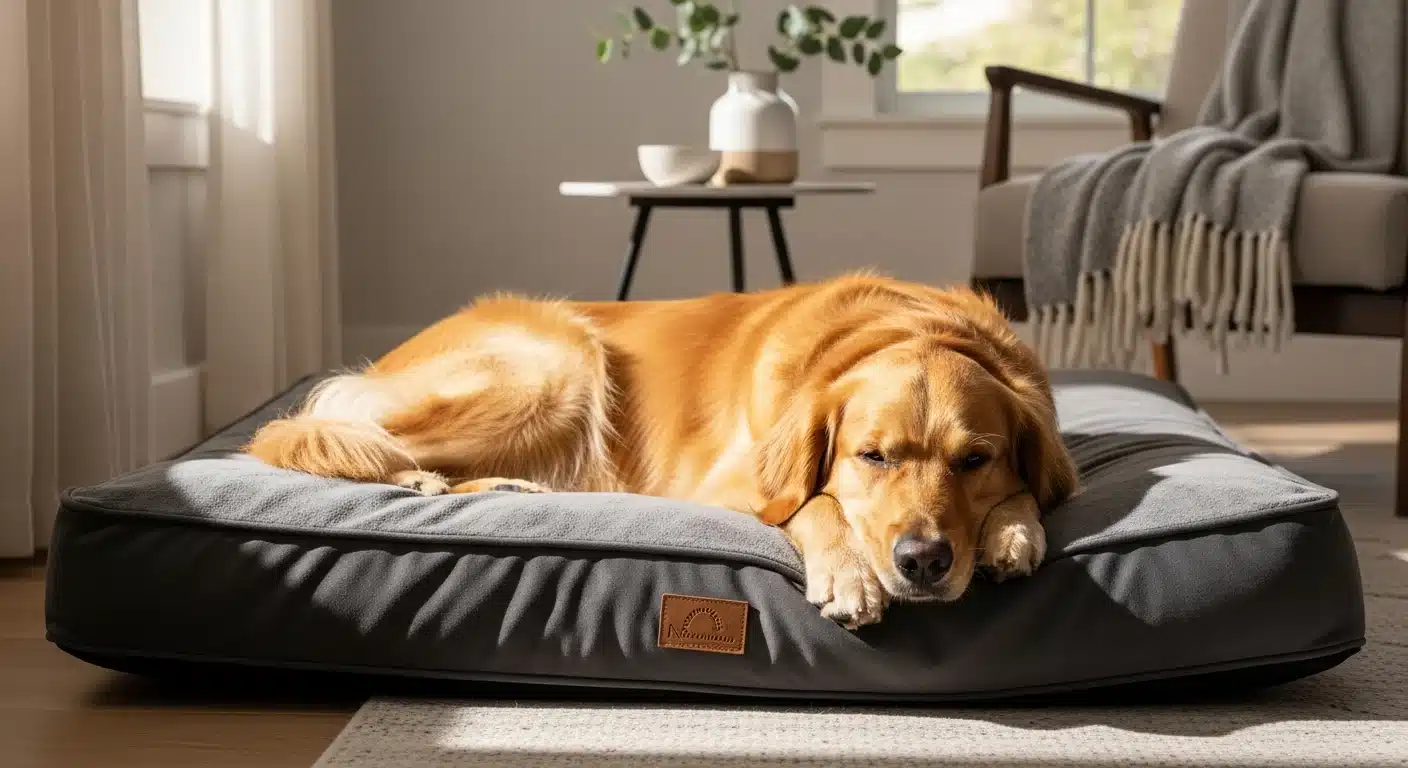Large golden retriever sleeping on an orthopedic dog bed showing proper bed sizing