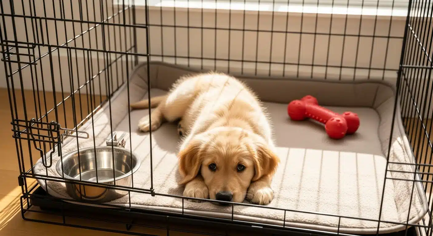 Cozy dog crate set up with a washable mat, rubber chew toy, and clip-on water bowl inside a wire crate with a golden retriever puppy settling in