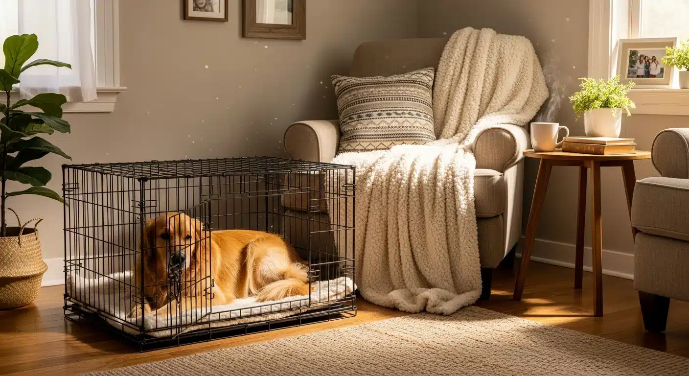 Golden retriever resting in a wire dog crate placed in a cozy living room corner