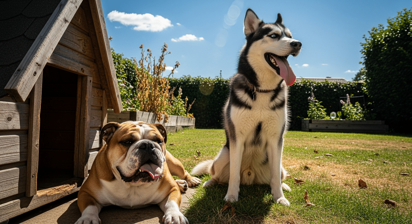 Which dogs need an air conditioned dog house — a panting flat-faced bulldog and a thick-coated husky in hot summer sun beside a dog house
