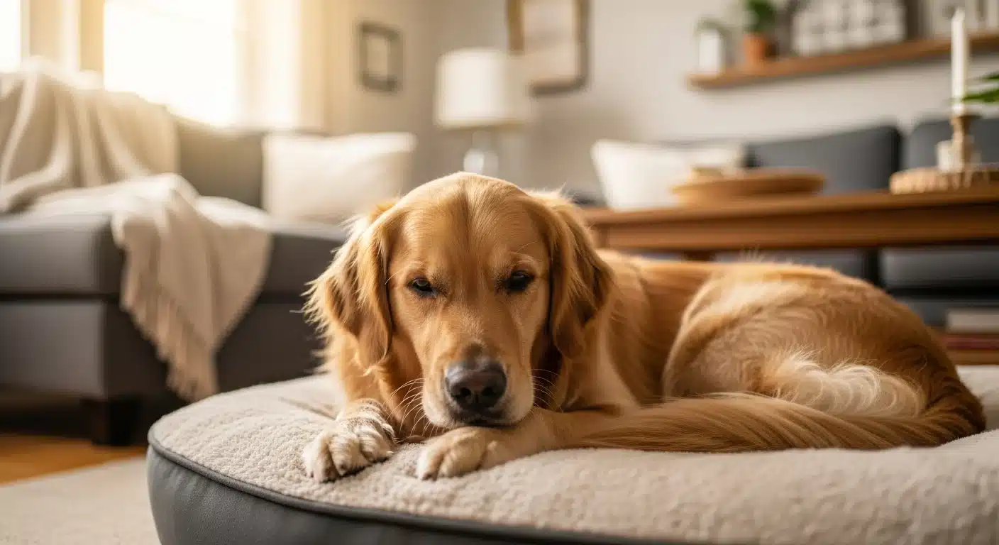 Golden retriever pawing and nesting in a plush dog bed in a cozy living room