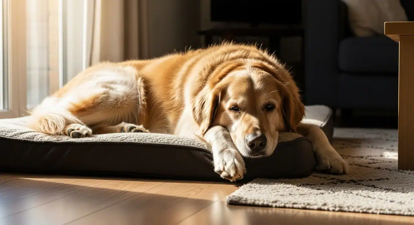 Large dog lying contentedly on a plush orthopedic dog bed in a cozy living room with warm afternoon light